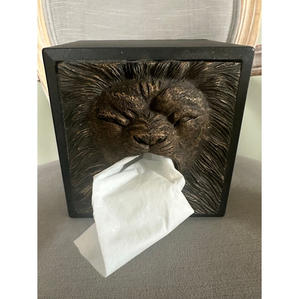 Vintage Lion's Head decorative tissue box cover black brown fun animal decor